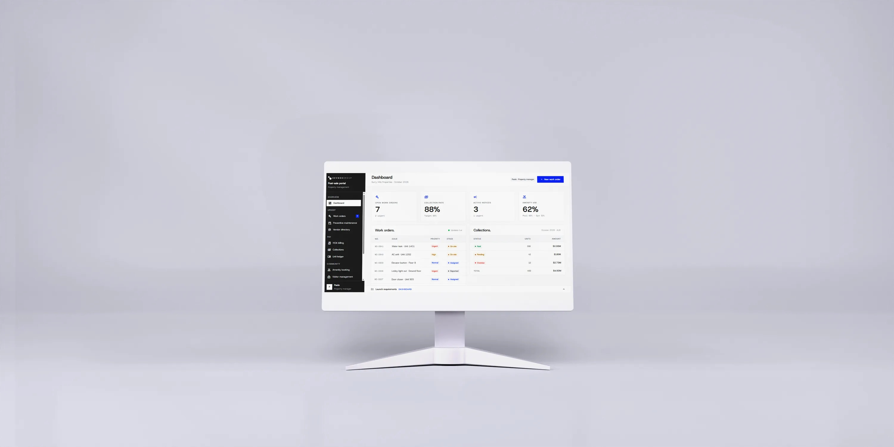 Live property management dashboard with work orders and collections