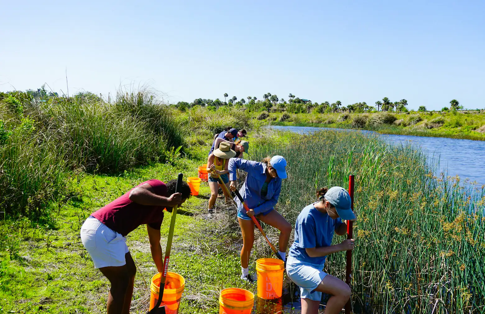 Volunteers clearing a riverbank with shovels and buckets