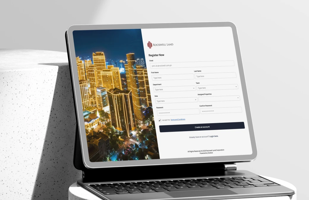 Rockwell Land CRM Portal registration platform on a laptop
